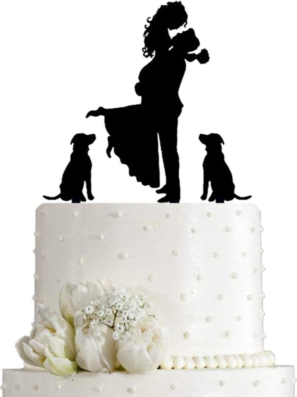Wedding Cake Topper - Bride Hold Groom with Flowers Besides 2 Pet Dogs Silhouett